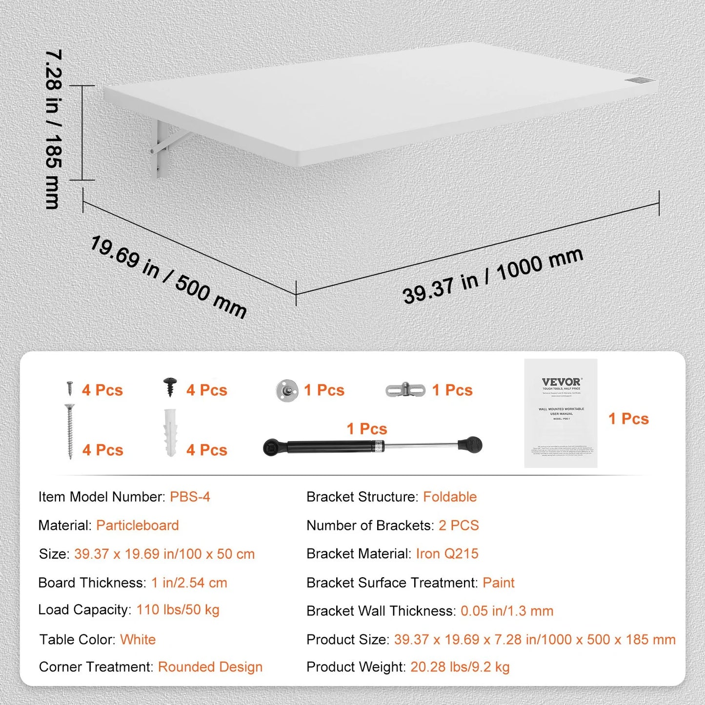 VEVOR Wall Mounted Folding Table, 39.37 X 19.69 Wall Mount Drop Leaf Table, Floating Desk with Iron Bracket, Fold down Desk for Small Spaces, Home Office, Dining, Laundry Room, Kitchen, Bar, White