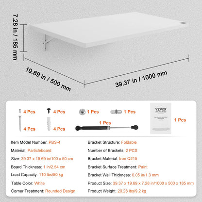 VEVOR Wall Mounted Folding Table, 39.37 X 19.69 Wall Mount Drop Leaf Table, Floating Desk with Iron Bracket, Fold down Desk for Small Spaces, Home Office, Dining, Laundry Room, Kitchen, Bar, White