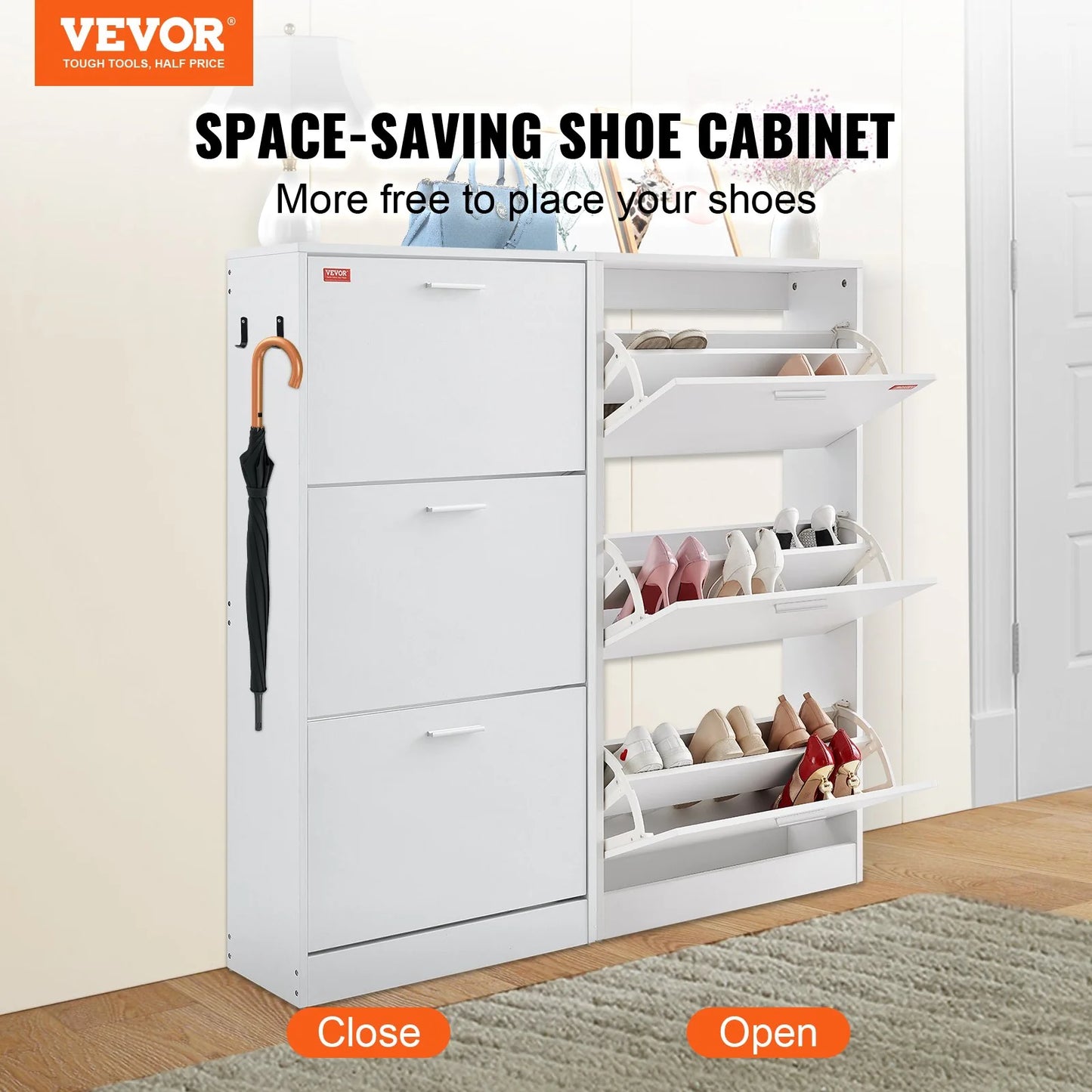 VEVOR Shoe Cabinet with 3 Flip Drawers, Shoe Storage Cabinet for Entryway, Free Standing Shoe Storage Organizer with Side Hooks for Heels, Boots, Slippers in Hallway, Living Room