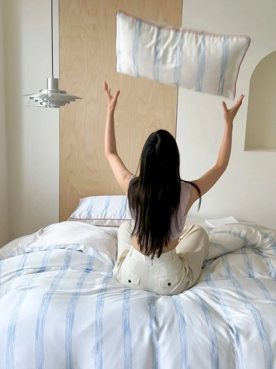 Elegant Coastal Silky Smooth Tencel Lyocell Queen Size Pastel Stripe Duvet Cover Set