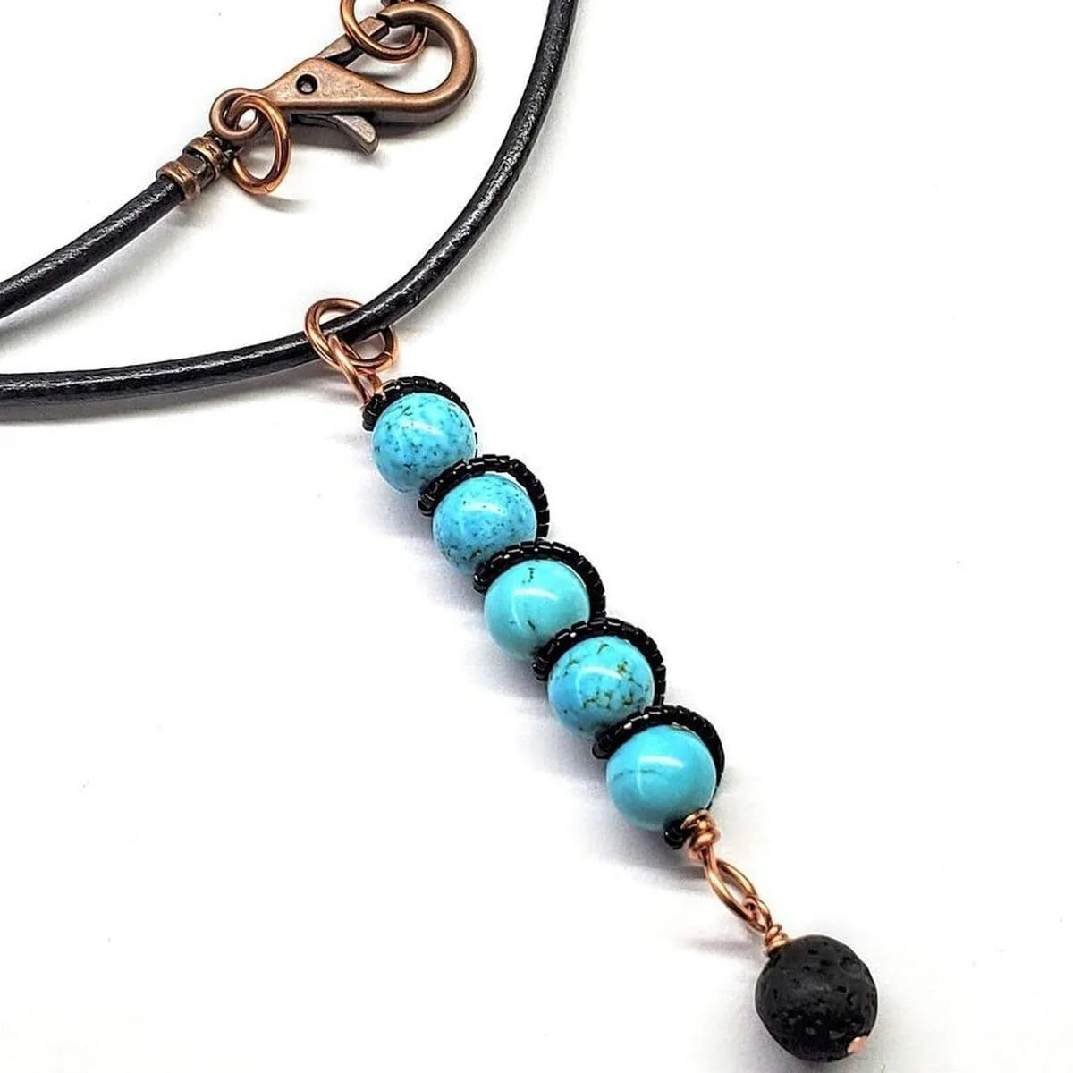 Copper Spiral Turquoise Stick Pendant with Essential Oil Lava Rock Bead Charm