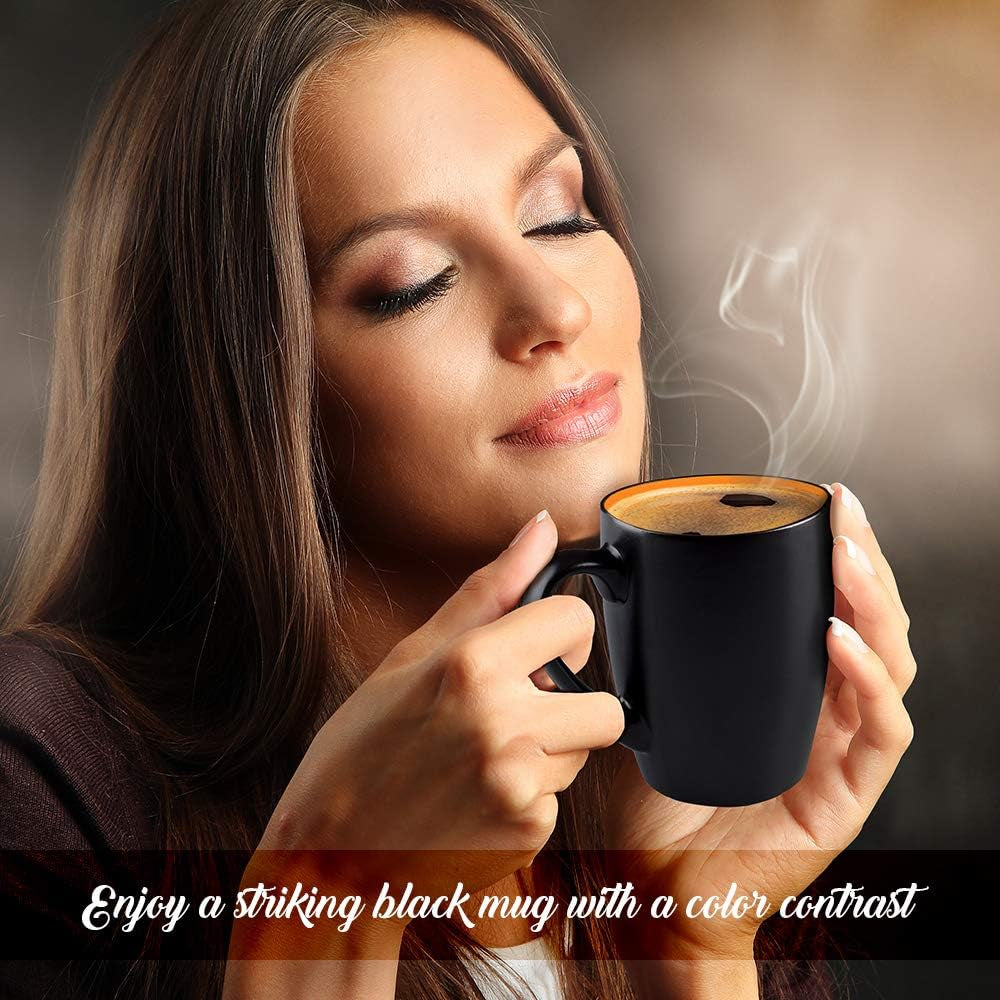 Stylish 14Oz Black Coffee Mugs Set of 6 - Durable Stoneware with Colorful Interiors Perfect for Your Coffee Maker