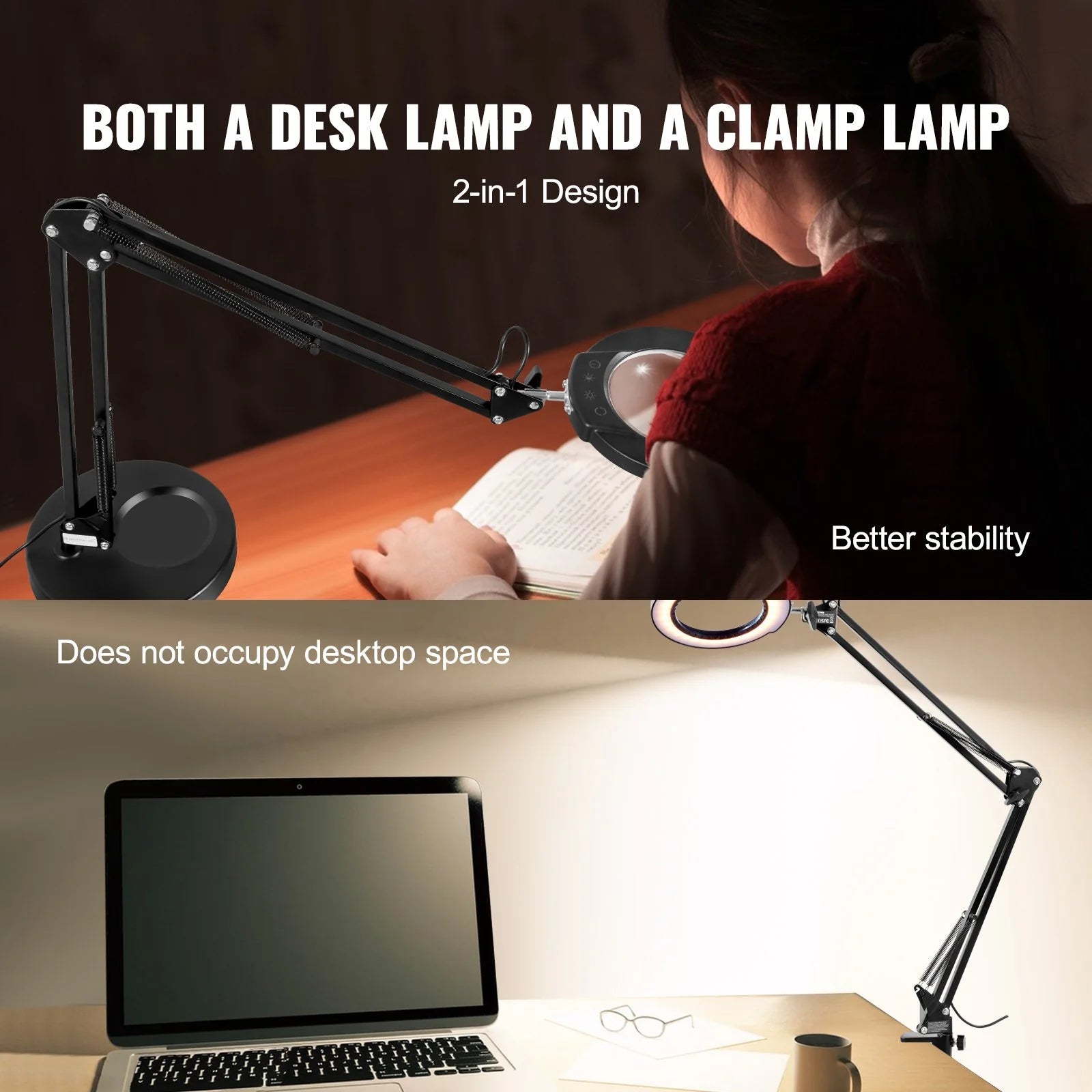 VEVOR Magnifying Glass with Light and Stand, 5X Magnifying Lamp, 4.3 Glass Lens, Base and Clamp 2-In-1 Desk Magnifier with Light, 64 LED Lights 5 Color Modes, for Close Work Reading Repair Crafts