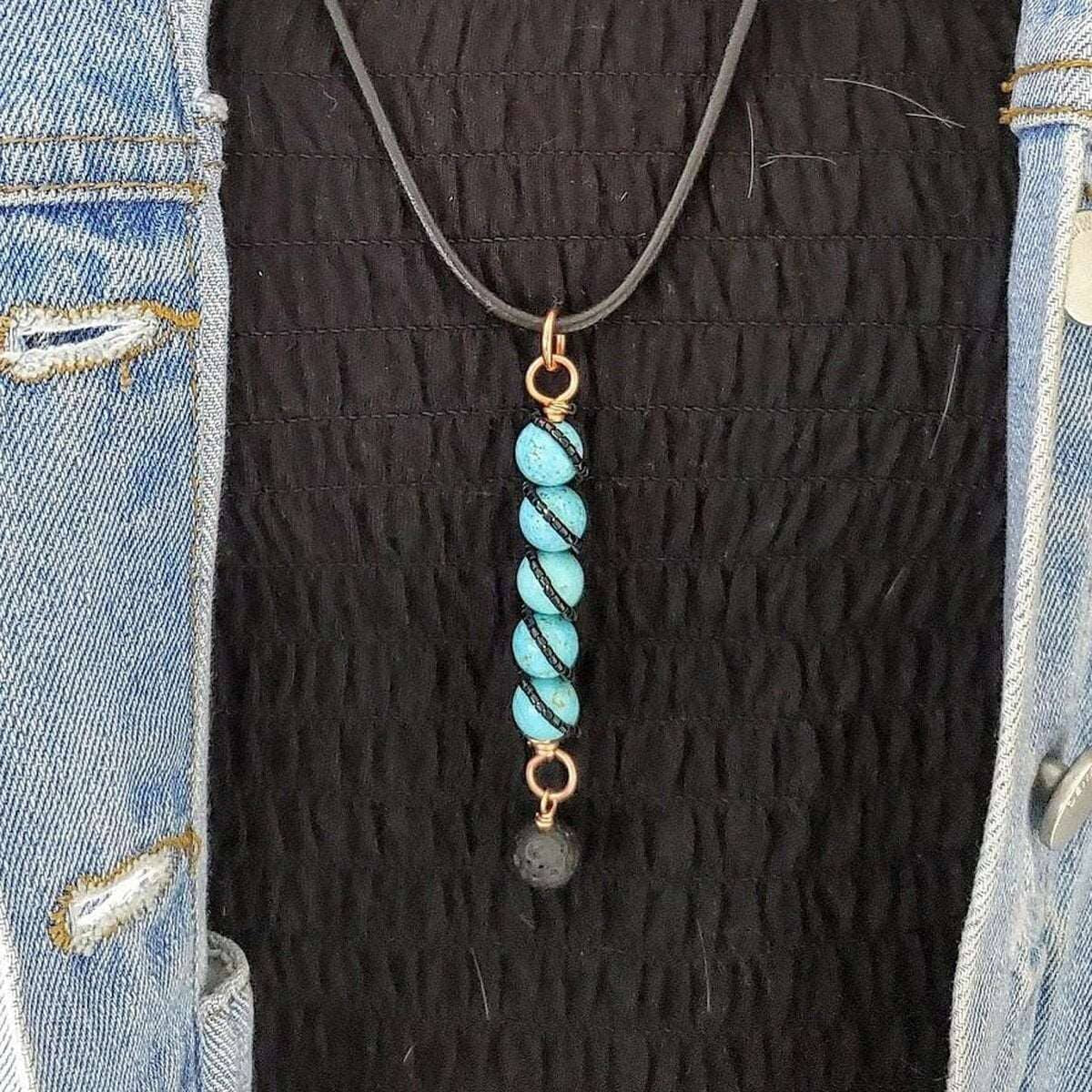 Copper Spiral Turquoise Stick Pendant with Essential Oil Lava Rock Bead Charm
