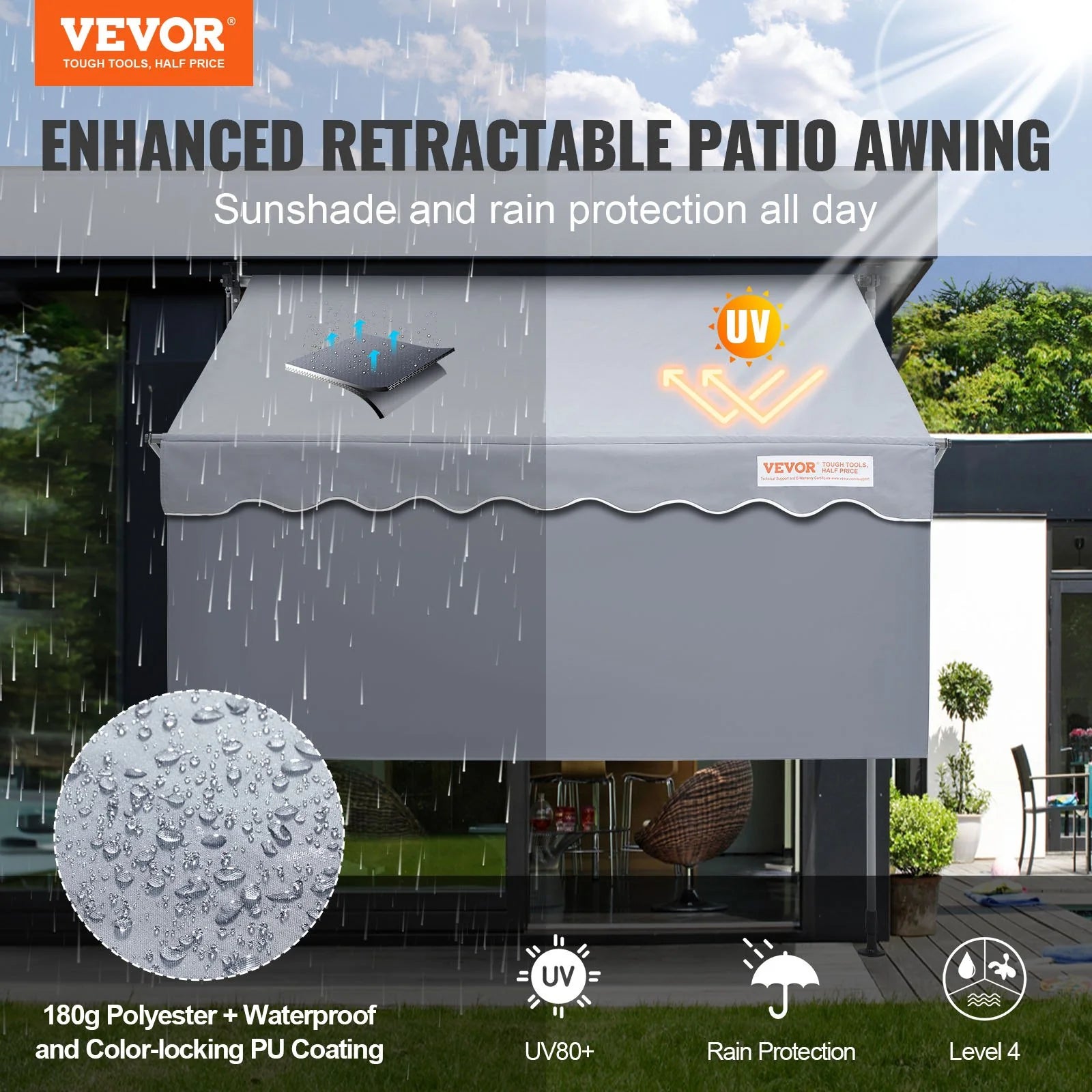 VEVOR Manual Retractable Awning, 78 Outdoor Retractable Patio Awning Sunshade Shelter, Adjustable Patio Door Window Awning Canopy with 39 Sun Shade Curtain for Backyard, Garden, Balcony