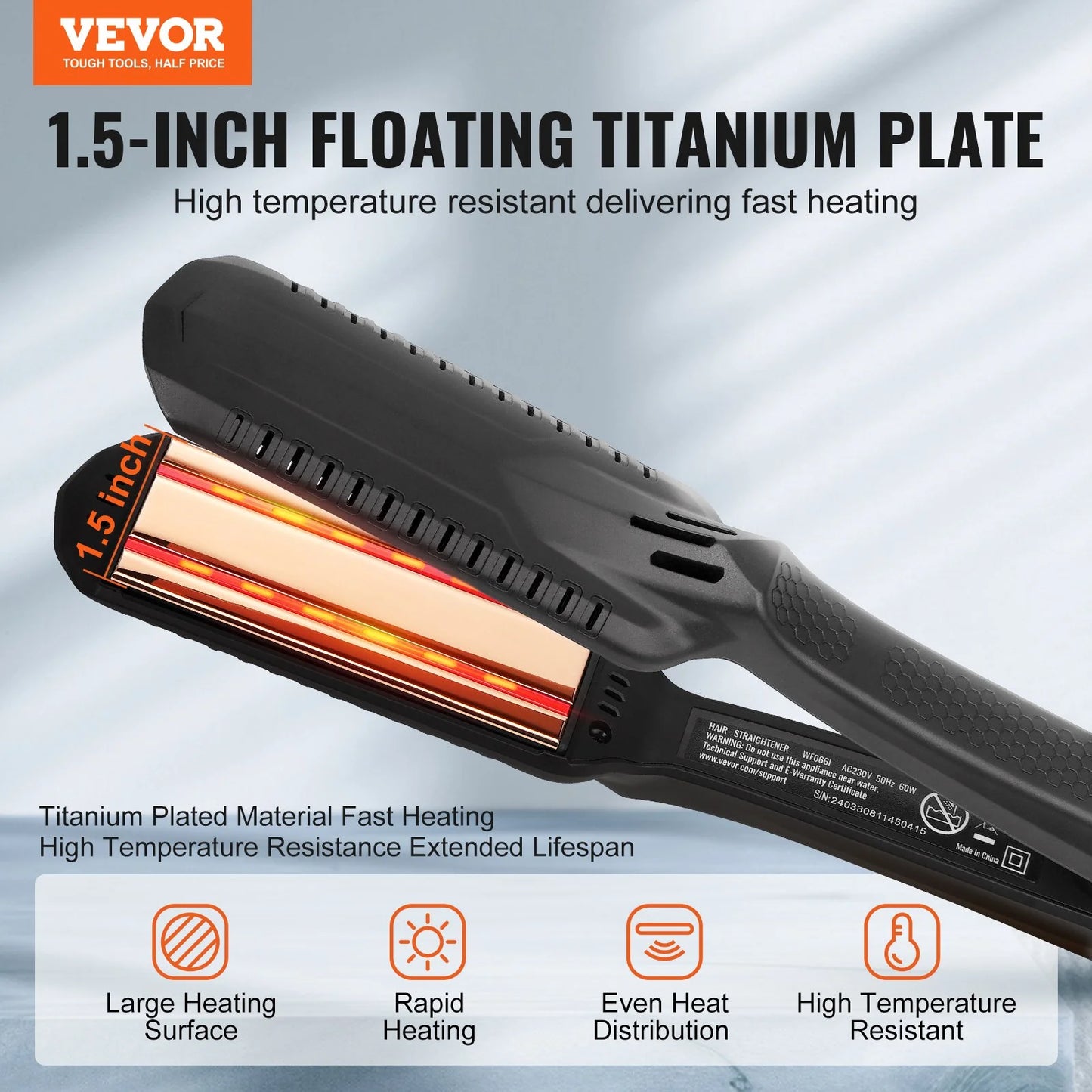 VEVOR Professional 1.5-Inch Titanium Hair Straightener - Dual Infrared Flat Iron with LCD Display, 19 Temperature Settings (210°F-450°F), Dual Voltage for Home & Travel Use
