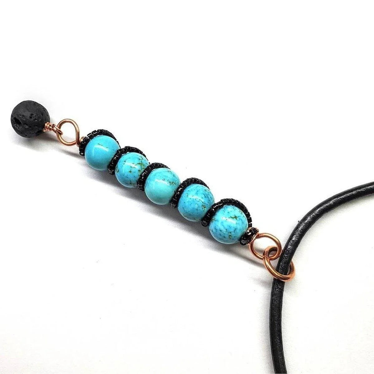 Copper Spiral Turquoise Stick Pendant with Essential Oil Lava Rock Bead Charm