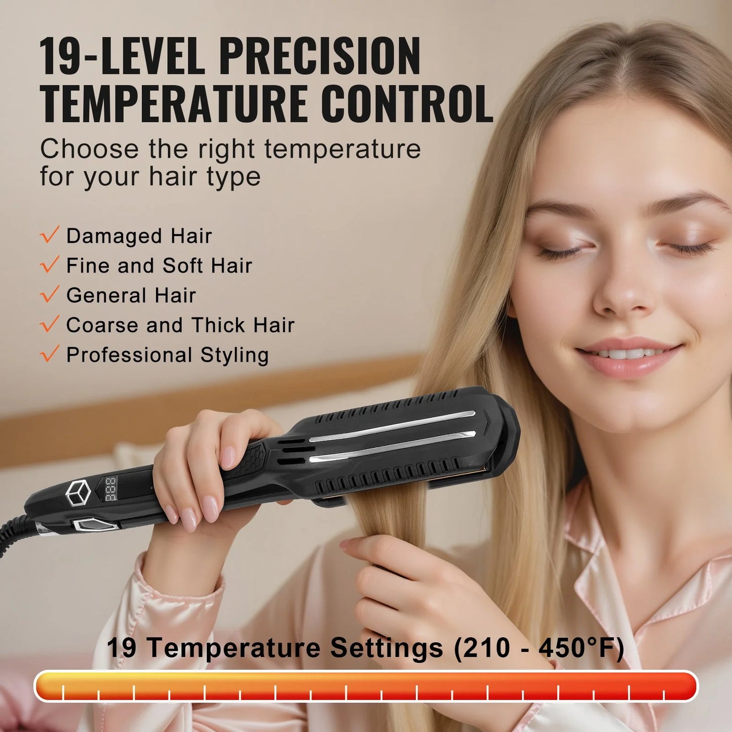 VEVOR Professional 1.5-Inch Titanium Hair Straightener - Dual Infrared Flat Iron with LCD Display, 19 Temperature Settings (210°F-450°F), Dual Voltage for Home & Travel Use