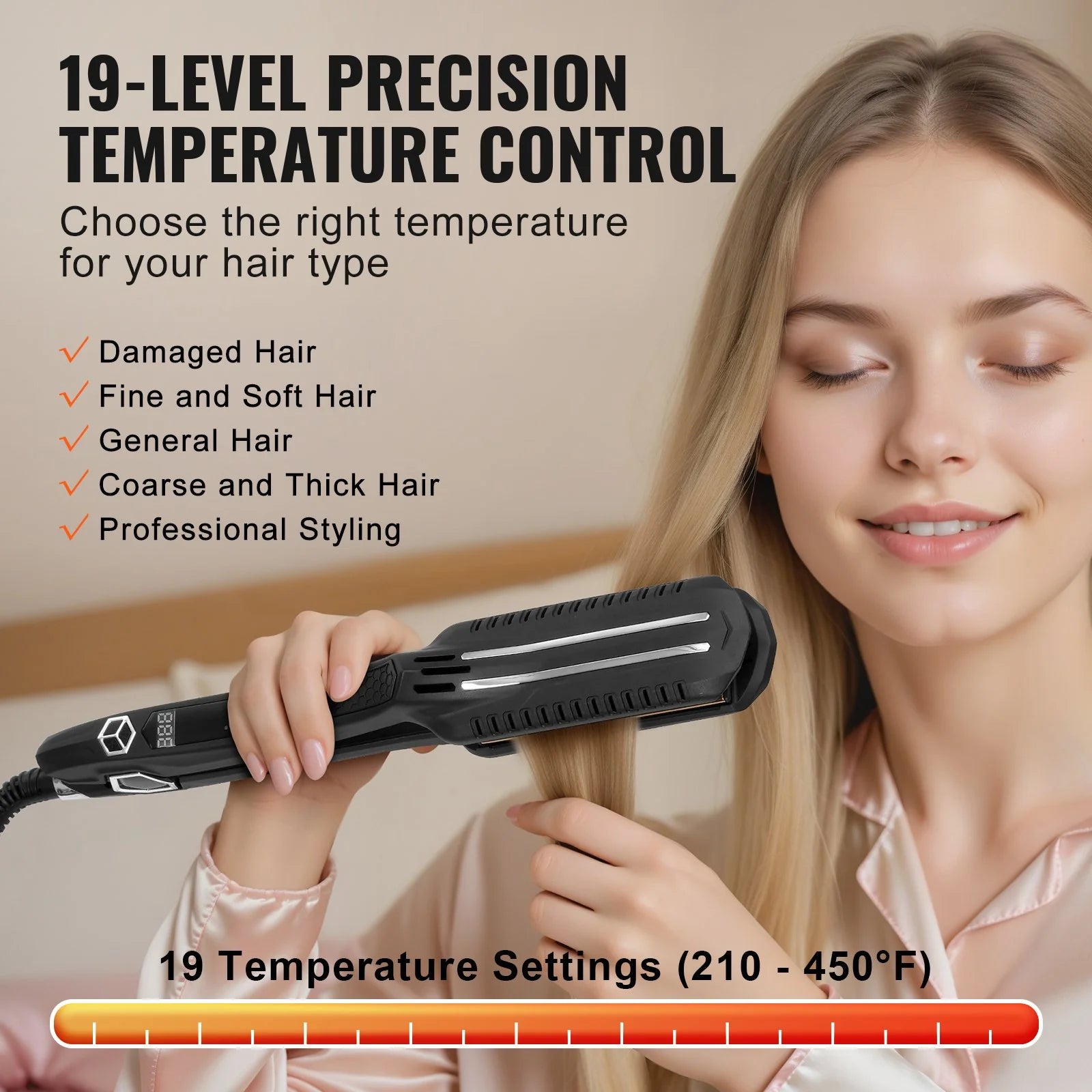 VEVOR Professional 1.5-Inch Titanium Hair Straightener - Dual Infrared Flat Iron with LCD Display, 19 Temperature Settings (210°F-450°F), Dual Voltage for Home & Travel Use